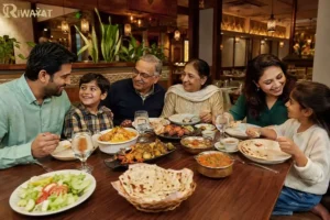 Family enjoying South Asian food together at a family-friendly restaurant in Connecticut