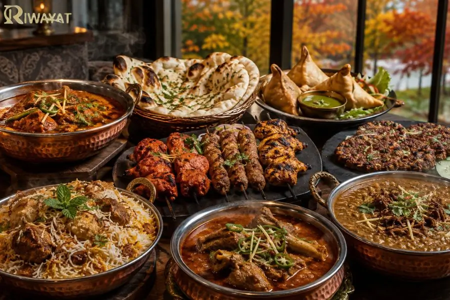 Traditional Pakistani food spread featuring biryani, kebabs, curries, naan, samosas, and chutney in a Connecticut restaurant